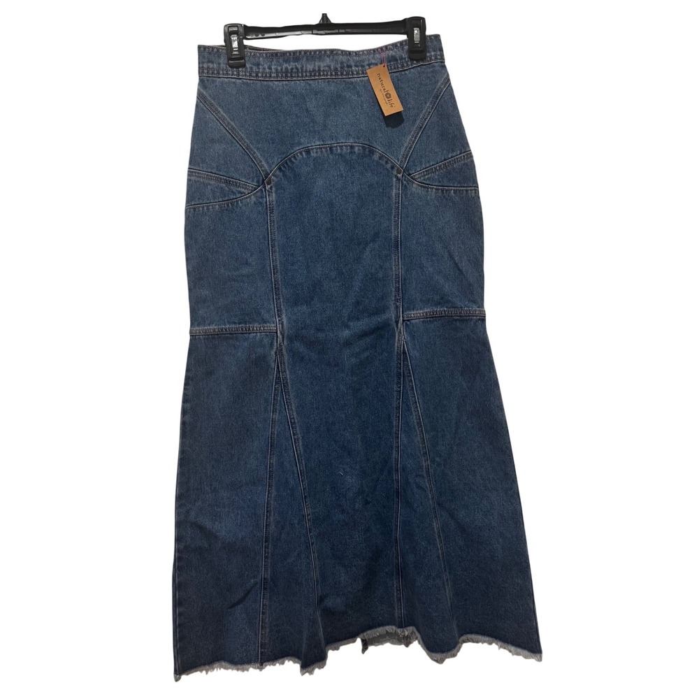 Natural Life Womens Denim Midi Skirt Blue NWT Paneled Frayed Hem size 8